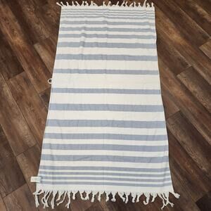 Pottery Barn Striped Beach Towel / Blanket 36" x 67" White Blue w/Hanging Loop
